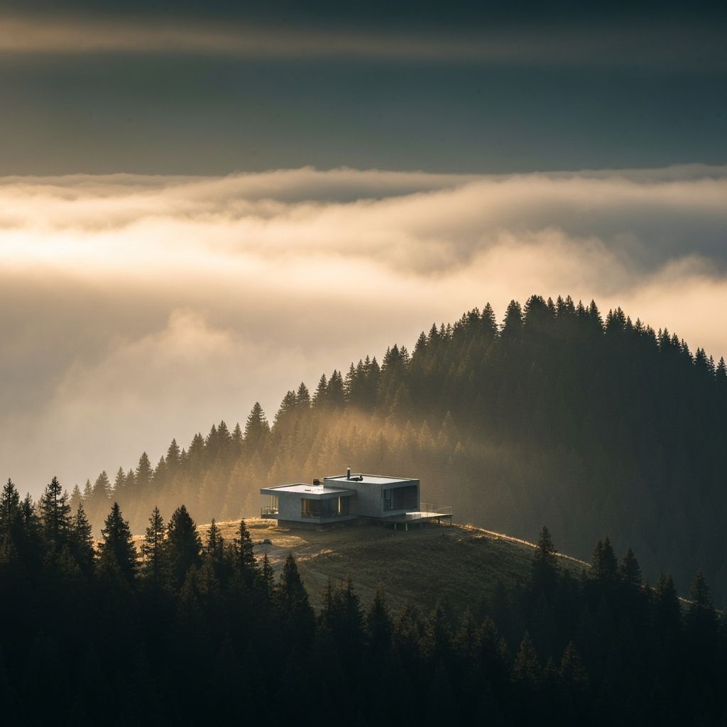 A lone cabin in misty mountain forest at dawn